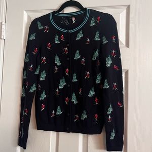 Talbots Womens Cardigan Ski Sweater, Navy, Embroidered, Beaded Skiers Trees